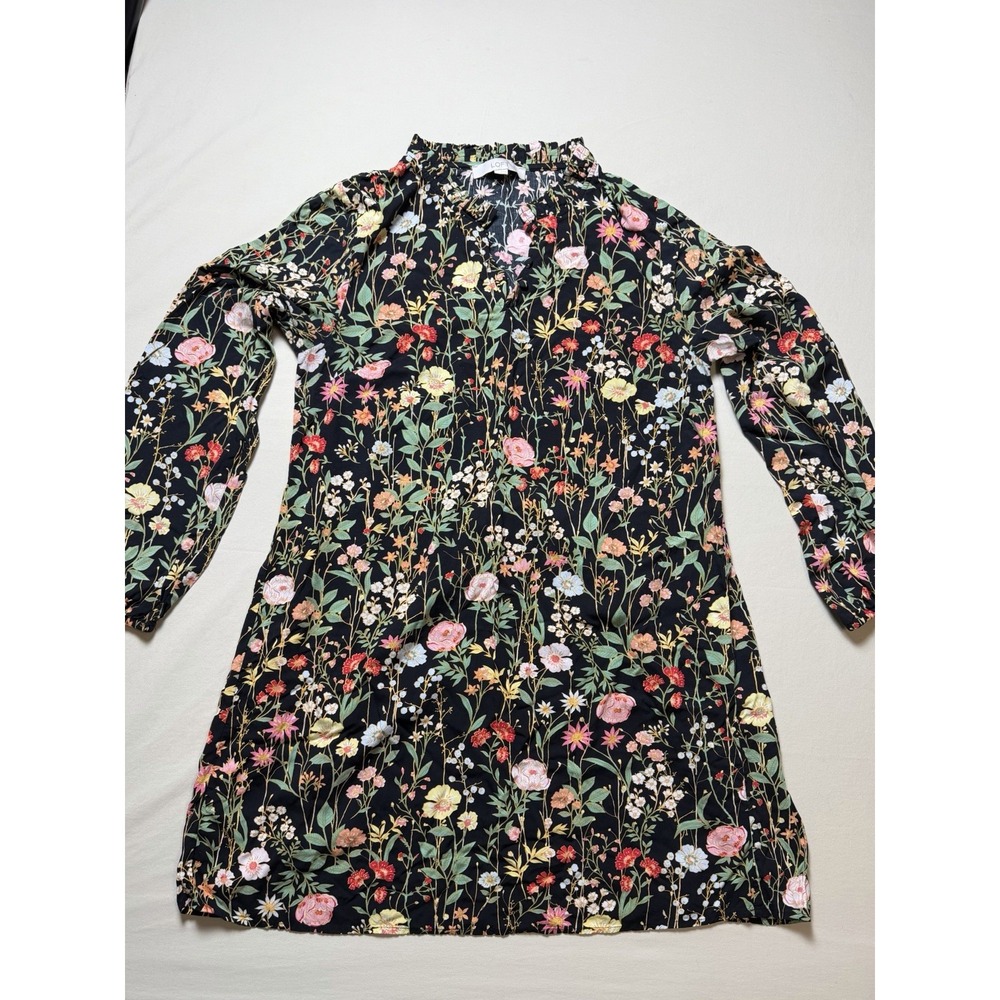 Loft Womens Knee Length Dress M Black Floral Button Front Gathered Sleeve Rayon